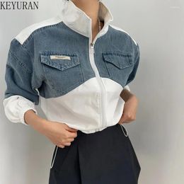 Women's Jackets 2024 Spring Korean Chic Retro Colour Contrast Patchwork Denim Jacket Coat Women Clothes Casual Loose Long Sleeve Crop Tops