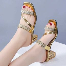 Slippers Shiny gold and silver womens sandals summer 2023 crystal high heels party shoes womens comfortable thick high heels slide sandals J240402