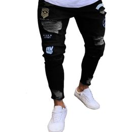 Cross Border European and American Emblem Embroidered Men's Jeans with Knee Tears Zipper Small Feet Pants Foreign Trade Large Size Denim Pants Purple Jeans 219