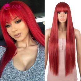 Wigs Classsic Plus Long Straight Natural Hair Red Wig WIth Bangs Synthetic Wigs For Women Heat Resistant Cosplay Party Daily Wigs