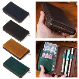 Bags Leather Pencil Case Zipper Retro Fountain Pen Pouch For School Students Cowhide Men Pencil Bag with Pen Slots Wholesale K9H4