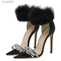 Dress Shoes Liyke 2024 New Black Fluffy Feather Sandals Women Sexy Crystal Narrow Band Pointed Open Toe Banquet High Heels Sandalias H2404037CDB