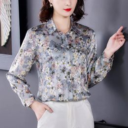 Notebooks 2023 Spring Vintage Florla Natural Silk Satin Tops and Blouses Casual New Office Lady Print Shirt Elegant Bodycon Blouses
