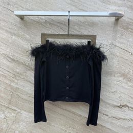 Women's T Shirts 2024 Spring/Summer Sexy One Shoulder Feather Spliced Long Sleeve Bottom Knitted Shirt Woman Blouse T-shirt Female Tops
