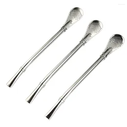 Drinking Straws 3Pcs Stainless Steel Tea Spoon Filter Reusable Tools Kitchen Bar Accessories Silver