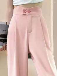 Women's Pants Spring Summer Pink Button Suit Wide Leg Full 2024 Female High Waist Office Lady Casual Loose Trousers