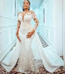 Plus Size Mermaid 2022 Wedding Gowns With Detachable Train Beaded Lace Appliqued Bridal Gown Custom Made Robe de mariee7526504