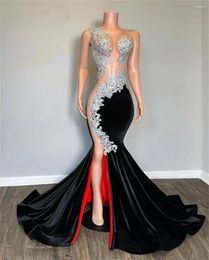 Party Dresses Red Linning Sliver Beaded Lace Appliques Black Velvet Slit Prom Dress Mermaid Ladies For Special Occasions Sexy