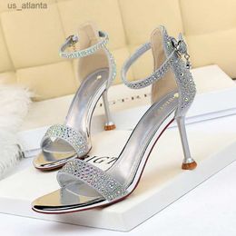 Dress Shoes BIGTREE Summer Sandals For Women New Fashion Rhinestone Buckle Strap PU 8.5CM Thin Heels Party Prom Black H240403KC1R