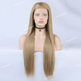 Wig European and American long straight hair 13*2.5 flaxen chemical Fibre front lace extra long 26 inch glueless lace wig cosplay party wig Korean high temperature Silk