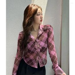 Women's Blouses Deeptown Harajuku Plaid Chiffon Women Y2k Sexy Korean Style Long Sleeve Mesh Shirts See Through Crop Tops Streetwear