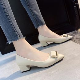 Dress Shoes Thick Heel Square Button Single For Women's 2024 Fashion Light Cut Solid Color Professional Work High Heels