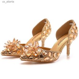 Dress Shoes New Fashion Women Sandals PU 7.5CM Thin Heels Slip On Rhinestone Casual Woman Golden Mature H240403UXF7