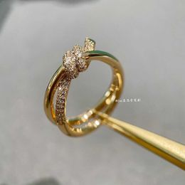 Brand charm Gu Ailings Same Style TFF KNOT Ring V Gold Quality 18K Rose with Diamond Knot Light Luxury With logo