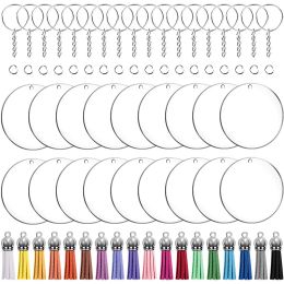 Crafts 72pcs DIY Keychain Multicoloured Tassel Pendant Round Acrylic Key Chain Metal Keychain Ring Set Wholesale Accessories