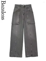 Women's Jeans 2024 Bazaleas Store Y2K Grey Double Pockets Official Women Pants Loose Straight Tube Casual Trousers