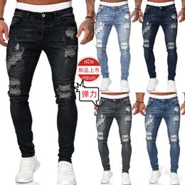 Cross Border European and American Emblem Embroidered Men's Jeans with Knee Tears Zipper Small Feet Pants Foreign Trade Large Size Denim Pants purple jeans 616