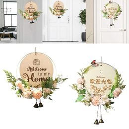 Decorative Flowers Welcome Sign Wreath Wooden Round Artificial Flower For Fireplace Easter