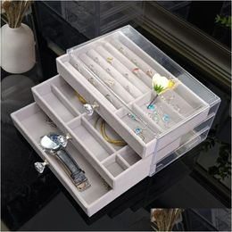 Jewelry Boxes 3-Layers Transparent Organizer Large Ring Necklace Earring Makeup Holder Cases Veet Box For Drop Delivery Dhkjz