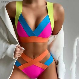 Women's Swimwear Colour Bandage Push Up Bikinis Set Swimwear Women High Waisted Swimsuit Female Bathing Suit Brazilian Biquinis Bikini 2024 Mujer Y240402