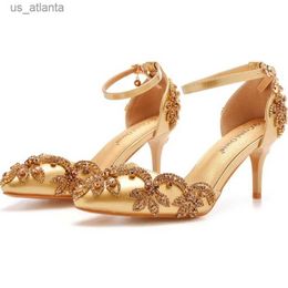 Dress Shoes Summer High-heeled Womens Sandals Rhinestone PU 7CM Thin Heels Buckle Strap Mature Golden Yellow Fashion H240403