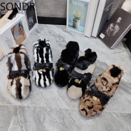 Boots Womens Real Mink Fur Bow Ankle Boots Snow Leopard Mixed Colours Warm Winter Shoes Thick Furry Luxury New 2023New 2023