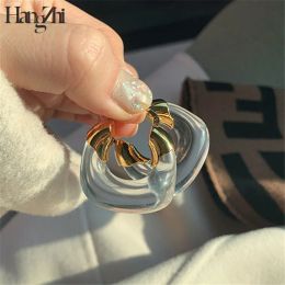 Earrings HANGZHI 2021 Brass Transparent Resin Geometric Thick Round Ice Cube Hoop Earrings Gold Colour For Women Girls Party Jewellery