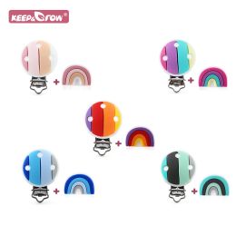 2Pcs Rainbow Silicone Beads Pacifier Clip Baby Teething Toys Necklace Food Grade BPA Free Pacifier Chain Holder Accessories