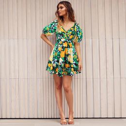 Casual Dresses Deep V-Neck Floral Print Boho Summer For Women 2024 Fashion Lantern Sleeve Back Bow Tie Beach Mini Dress Swing A-Line