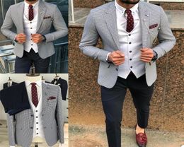 Blue Houndstooth Wedding Tuxedos Men Suits 3 Pieces Custom Made Wedding Suits Lapel Casual Fashion Formal Business Coat Pant Vest3111330