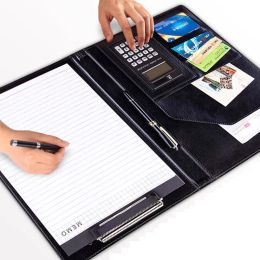 File A4 Pu Leather Business Padfolio Organiser Vintage Binder Business Manager Document Pads Office File Folder with Calculator