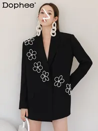 Women's Suits Retro Beaded Flower Loose Coat Blazer Women 2024 Spring And Autumn Leisure All-Match Pearl Diamond Black Suit Jacket Female