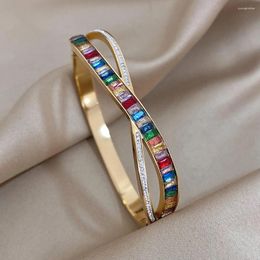 Bangle ALLYES Trendy White Multicolor Zircon Intersect Stainless Steel Bangles Bracelets For Women Charm Waterproof Wrist Jewelry