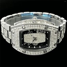 Wristwatches 2024 Luxury Iced Watch For Mens Hip Hop Brand MISSFOX Tonneau Quartz Clocks Fashion Diamond Jewellery Wristwatch Drop