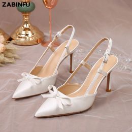 Boots Women Pumps White Wedding Shoes Bride Satin Butterflyknot Pointed Toe Adjustable Slingback Heels Elegant Women Heels