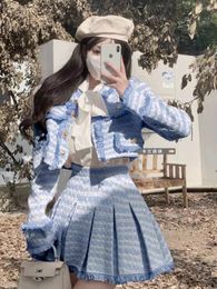 Work Dresses Small Fragrance Set Cotton Thickened Tweed Tassel Coat High Waist Pleated Skirt Autumn Pink Woolen Jacket Suits Two Piece Sets