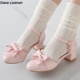 Boots 2023 Spring Women High Heels Mary Jane Pumps Party Wedding White Pink Beige String Bead Bow Princess Cosplay Lolita Shoes 3143