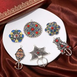 2PCs Ethnic Bohemia Pendants Antique Silver Colour Multicolor Enamel Flower Round Charms DIY Making Necklace Earrings Jewellery