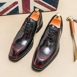 Dress Shoes Designer Fashion Derby Men Square Headed Lace Up Business British Style Black Red Size 38-46