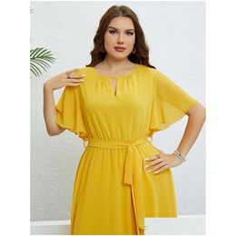 Plus Size Dresses Women Solid Colour Cut Out V-Neck Dress A-Line Short Butterfly Sleeve Party Robe Casual Lady Vacation Large Belt Gown Dheon