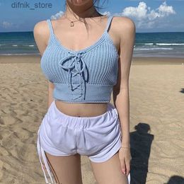 Women's Tanks Camis Sexy Tank Top Knit Halter Crop Tops Women Summer Camis Backless Camisole Casual Bandage Tube Top Female Sleeveless Cropped Vest Y240403