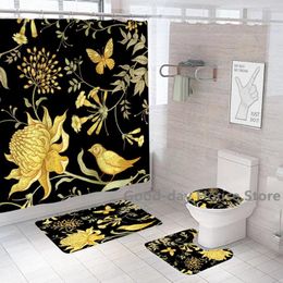 Shower Curtains Luxury Black Gold Curtain Sets Polyester Fabric Washable Bath Flower Toilet Cover Bathroom Accessories