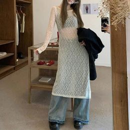 Casual Dresses Women Heavy Crochet Lace-up White Long Dress French Vintage Y2k Korean Retro Fashion Clothing