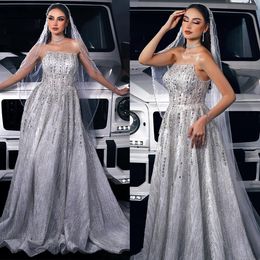 A Line Wedding Dress Strapless Sleeveless Crystal Sequins Sweep Train Bridal Gowns With Veil Illusion Vestidos De Novia 0505