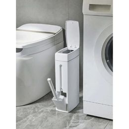 Slim Trash Can for Narrow Spaces with Cleaning Brush, Lid and Toilet Brush - Perfect for Bathroom Trash Bin Garbage Bin