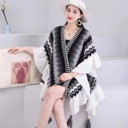 Poncho Knitted Cloak Knitted Cape Ethnic Style Capes Tassel Cardigan Sweater Colour Loose Vintage Striped Women Travel Coat