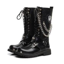 boots 2023 New Fashion Men Boots Punk Style Chain Motorcycle Boots Appliques Thick Sole Shoes Big Size 3846 Comfortable Walking Shoes