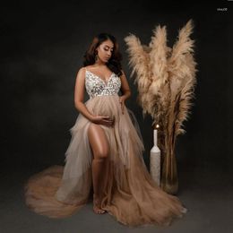 Casual Dresses Chic V Neck Mesh A-line Pregnancy Glitter Crystals Beading Ruffles Tiered Maternity Gowns Split Tulle Dress