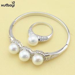 Necklace Earrings Set Fashion Silver Overlay For Women Imitation Pearl Jewelry White Crystal Bracelets Rings