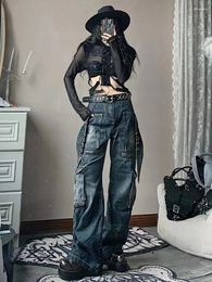 Women's Jeans American Spice Girl Plus Size Retro Washing Jean Y2K Street Fashion Big Pocket Design Straight Loose Wide-leg Trousers